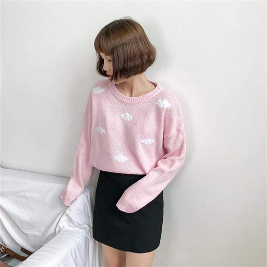 Cute Clouds Embroidery Knitted Pullover