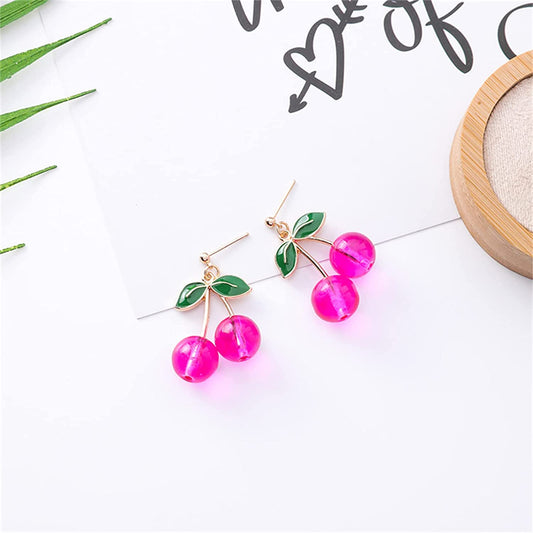 18k Gold Plated Lightweight Green Leaf Red Cherry Charm Dangle Drop Earrings