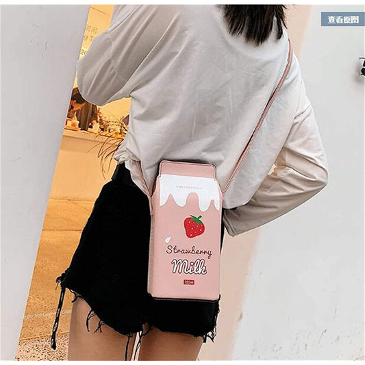 Strawberry Milk Box Cross Body Purse Bag Women Phone Wallet Shoulder Bag