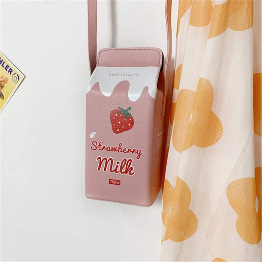 Strawberry Milk Box Cross Body Purse Bag Women Phone Wallet Shoulder Bag
