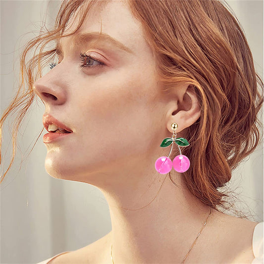 18k Gold Plated Lightweight Green Leaf Red Cherry Charm Dangle Drop Earrings